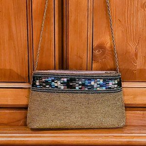 Beautiful beaded goldish/brown evening purse with colorful pattern